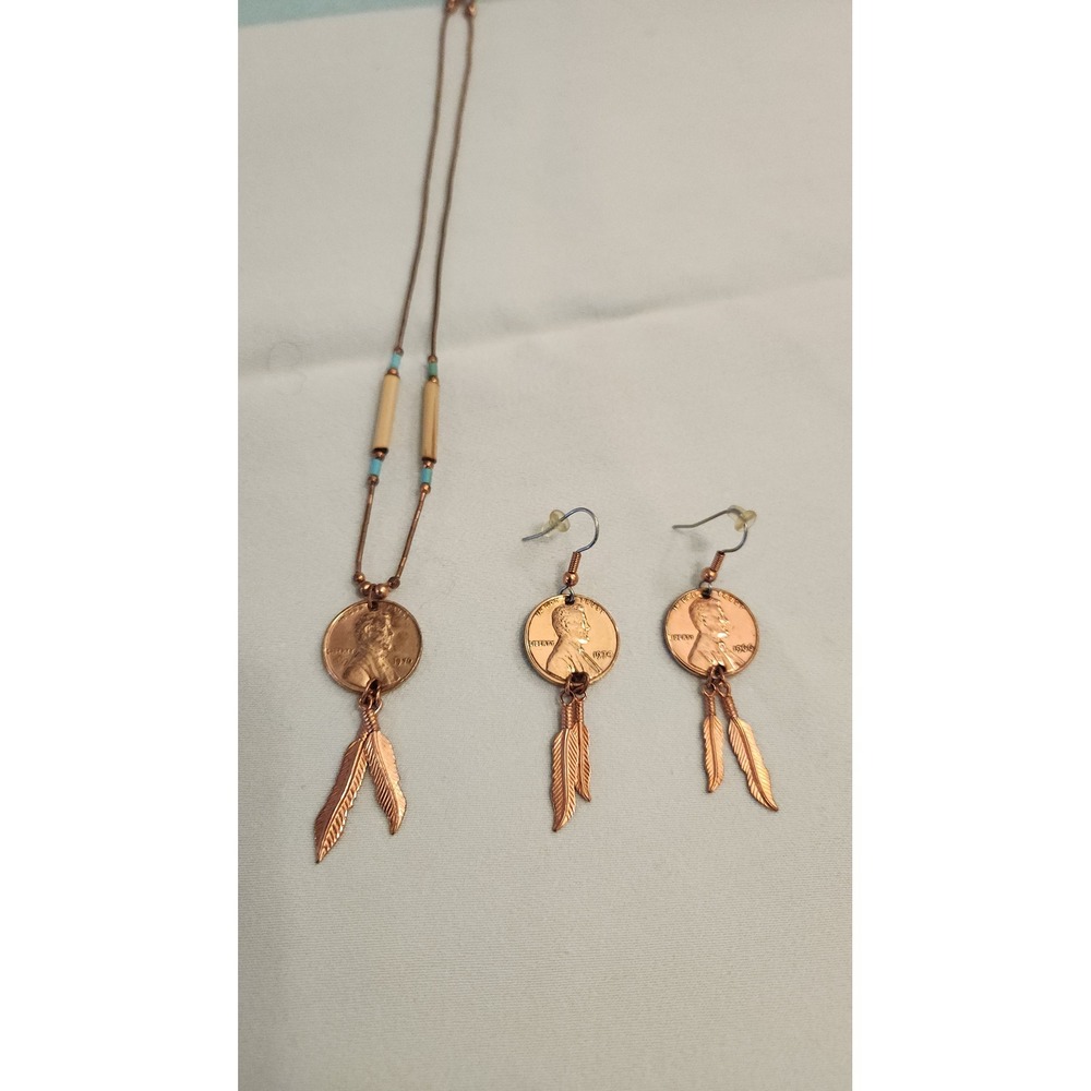 Copper Penny Jewelry Set Necklace Earrings 1970 1974 1976 Lincoln Cents Feathers